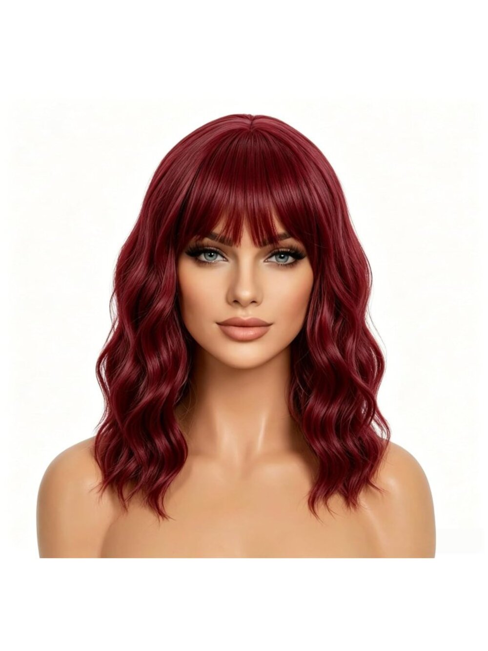 Women's Wine Red 14 Inch Heat Resistant Synthetic Short Wavy Bob Wigs Bangs